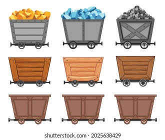 Collection of metal and wooden mine carts loaded with gold, crystals and stones or coal. Cartoon mine trolleys. Vector design illustration isolated on white background