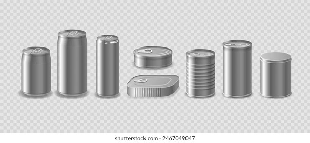 Collection Of Metallic Cans And Containers. Soda Cans, Food Cans, And A Sardine Tin Isolated On Transparent Background