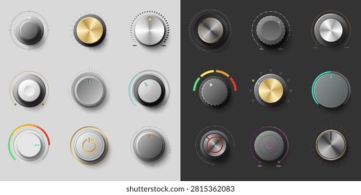 Collection of metallic control knobs on light and dark backgrounds