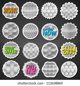 Collection of metallic glossy reflective eps10 round vector stickers in 16 different shape variations with eight kinds of metal textures