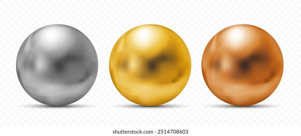 Coleção de bolas metálicas douradas, prateadas e bronze. Modelos isolados em plano de fundo transparente. mockup de vetor