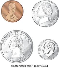 A collection of metallic looking American coins in vector format