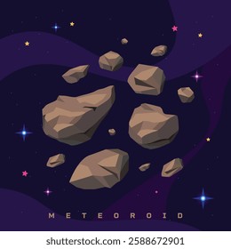 A collection of meteorite rocks in the vastness of space, floating in space, with a background of stars and planets.