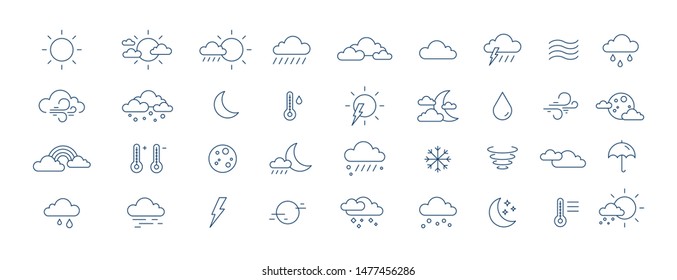 Collection of meteorological icons or symbols for weather forecast - sun, clouds, wind, rain, snow, air temperature drawn with contour lines on white background. Monochrome vector illustration.