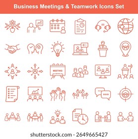 Uma coleção de ícones meticulosamente projetados para reuniões de negócios e trabalho em equipe, mostrando vários aspectos de colaboração, comunicação e produtividade, perfeito para ilustrar os conceitos de trabalho em equipe 