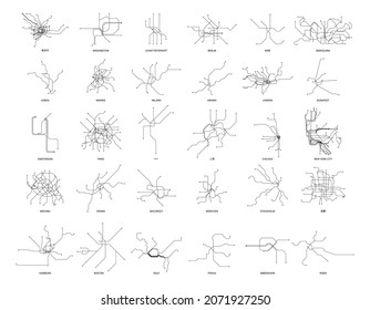 Collection of metro maps of different countries in a linear style.