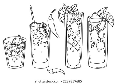 Collection Mexican cocktails Charro Negro, Vampiro, Cherry limeade, mint lemonade with ice cubes, lime, cherries and chili peppers. Isolated vec.tor linear doodles. Latin American traditions drinks