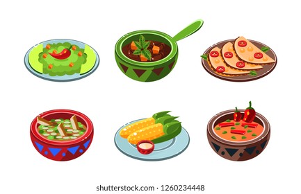 Collection of Mexican dishes, traditional national spicy meal vector Illustration on a white background