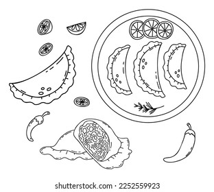 Kollektion mexikanische Empanadas. Appetitive Knödel auf dem Teller, in der Mitte mit Füllung gebrochen. Vektor isolierte lineare Zeichnungen mexikanisches Essen im Doodle-Stil. lateinamerikanisches Nationalgericht für design