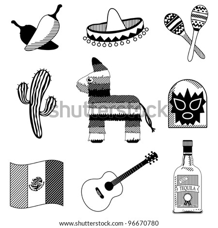 collection of mexican icons in black silhouette isolated on white