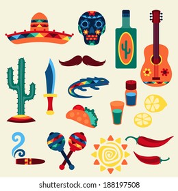 Collection of mexican icons in native style.