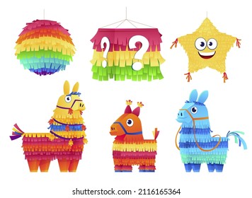 Collection Mexican pinatas for birthday party isometric vector illustration. Set traditional Mexico decoration from crepe paper with surprise candy for holiday. Star, donkey, box and ball toy game