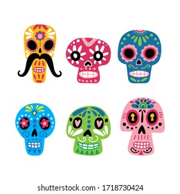 Collection of mexican skulls. Colorful mexican symbols. Dia de los muertos. Day of the dead. Vecctor illustration isolated on white background. Icons for web