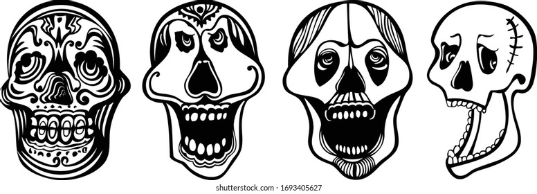 Collection of mexican skulls. Sugar skulls vector illustration.