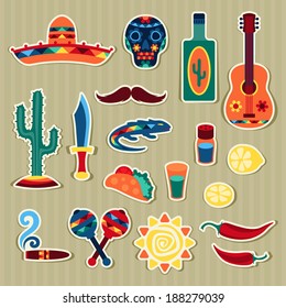 Collection of mexican stickers in native style.