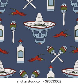 Collection of mexican symbols hand drawn seamless pattern. Colorful backdrop design. Background with mexico icon and culture icon set vector. Decorative wallpaper, good for printing