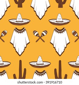 Collection of mexican symbols hand drawn seamless pattern. Colorful backdrop design. Background with mexico icon and culture icon set vector. Decorative wallpaper, good for printing