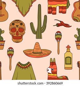 Collection of mexican symbols hand drawn seamless pattern. Colorful backdrop design. Background with mexico icon and culture icon set vector. Decorative wallpaper, good for printing