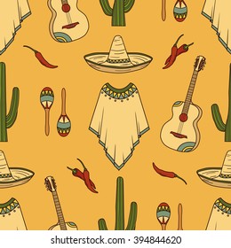 Collection of mexican symbols hand drawn seamless pattern. Colorful backdrop design. Background with mexico icon and culture icon set vector. Decorative wallpaper, good for printing