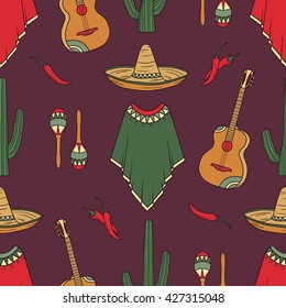 Collection of mexican symbols hand drawn seamless pattern. Doodle colorful backdrop. Mexico icon and culture icon set vector