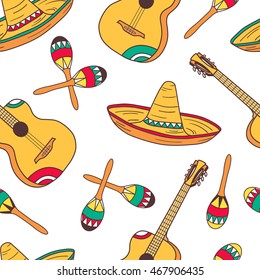 Collection of mexican symbols hand drawn seamless pattern. Doodle colorful backdrop. Mexico icon and culture icon set vector