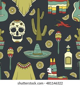 Collection of mexican symbols hand drawn seamless pattern. Doodle colorful backdrop with culture icon. Mexico icon set vector