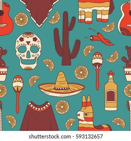 Collection of mexican symbols hand drawn seamless pattern. Colorful backdrop design. Background with mexico icon and culture icon set vector. Decorative wallpaper, good for printing