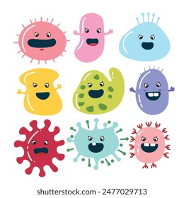 Collection of microbe character in flat style. Hand drawn vector art.