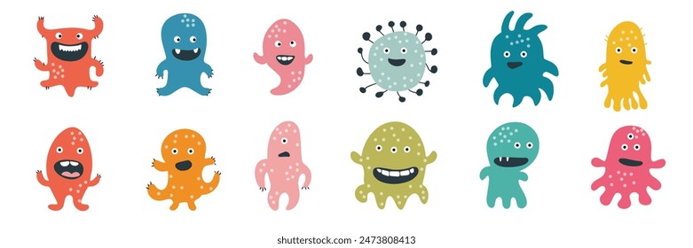 Collection of microbe characters in flat style. Hand drawn vector art.