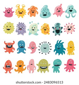 Collection of microbes isolated in flat style. Hand drawn vector art.