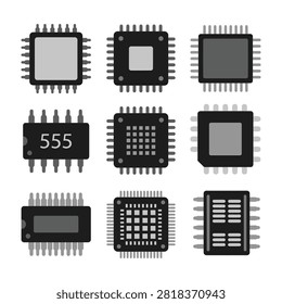 Collection of microchip integrated circuits and electronic components on a white background