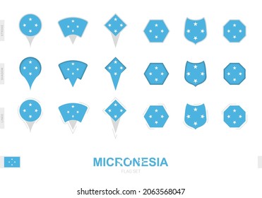 Collection of the Micronesia flag in different shapes and with three different effects. Vector flag set.