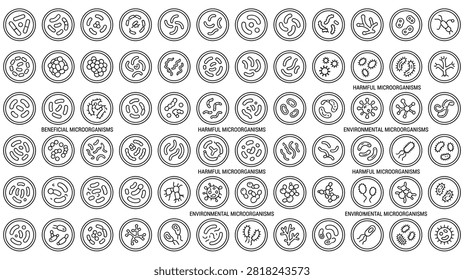 Collection of microorganisms including beneficial harmful and environmental types. Microbiology science and health icons.