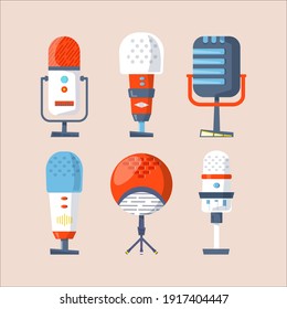 Collection of microphone, headphone, vector icon for podcast, media hosting. Design template set for recording studio symbol, logo, emblem and label. Voice sign, color trendy illustration 