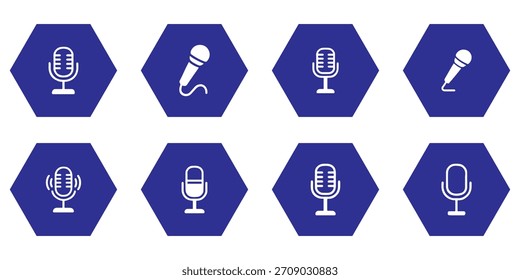 Colección de íconos de micrófono en varios estilos para podcasting y transmisión