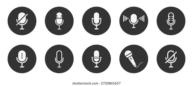 Colección de íconos de micrófono en varios estilos para podcasting y transmisión. Conjunto de iconos de micrófono de línea. Diferentes variantes de micrófono podcast. Web de micrófono de karaoke e icono de App móvil.