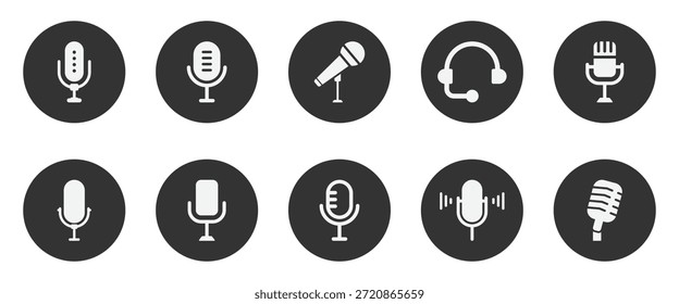 Sammlung von Mikrofon-Icons in verschiedenen Stilen für Podcasting und Rundfunk. Satz von Mikrofonsymbolen. Unterschiedliche Variante Podcast Mikrofon. Karaoke Mikrofon Web- und Mobile App-Symbol.
