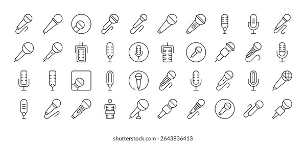 Coleção de ícones de linha relacionados ao microfone. Outline Signs para Gráficos e Web Design, Apps, Anúncios, Vários Cartões 