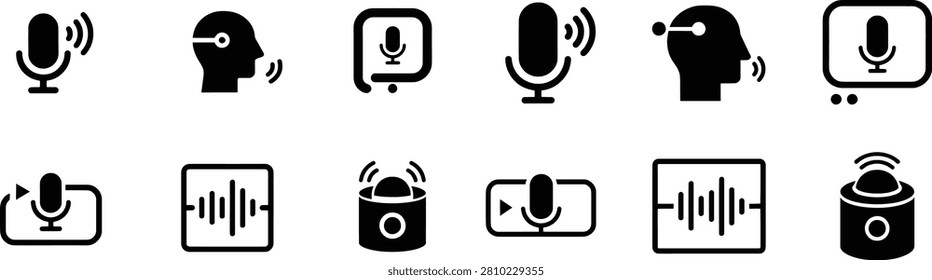 Collection of microphone and speaker icons, symbolizing sound waves and voice input. Features various microphone designs, voice assistant devices, and audio output interfaces for digital applications.