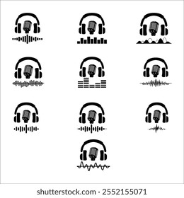 colección de micrófonos y ondas de sonido Podcast y ondas de sonido de audio de grabaciones de mensajes de voz, ícono de Vector. Onda sonora de podcast para transmisión de audio en línea y podcasting o reproductor de música.