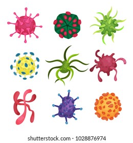 Collection of microscopic viruses of various colors and shapes. Microbiology concept. Flat vector element for medical poster, educational book or infographic