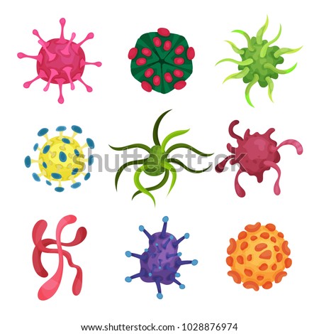 Collection of microscopic viruses of various colors and shapes. Microbiology concept. Flat vector element for medical poster, educational book or infographic