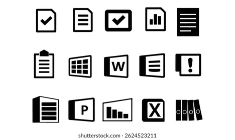 Coleção de ícones do Microsoft Office em estilo de vetor de silhueta com fundo branco