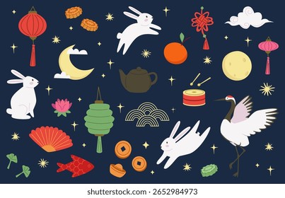 Collection of mid autumn festival elements. Hand drawn rabbits, fish, flower, lantern, moon cakes, tea pot, clouds, stars, orange and crane bird. Fall holiday celebration set. Flat vector illustration