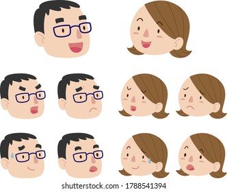 Collection Of Middle Aged Couple Facial Expression Icons. 