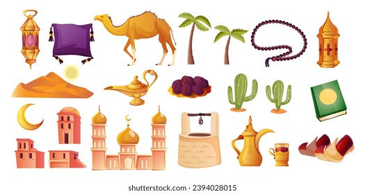 Collection of middle east symbols. Set of lamp, carpet, camel, palm, mosque, moon, koran book, desert. Religious and traditional concept. Isolated on white background. Vector illustration