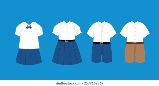 Collection of Middle and High School Uniform with white short sleeve, and Blue Skirt, Blue Short Pant and Khaki Short Pant for Boy and Girl illustration