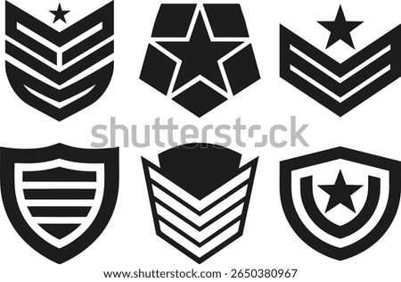 Collection of military emblem silhouettes with stars, chevrons, and shields in black vector style