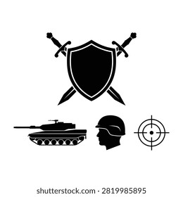 Collection of military icons including shield with swords, tank, helmet and target