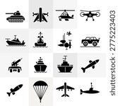 Collection of military and naval icons featuring tanks helicopters ships missiles and aircraft designs